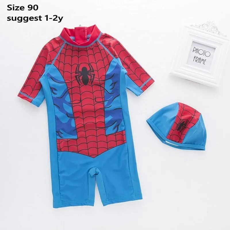 Spider 90 Купальный костюм для маленьких мальчиков с изображением Человека-паука+ шапочка, комплект из 2 предметов одежда для купания для маленьких детей, цельный купальный костюм - Цвет: Spider 90