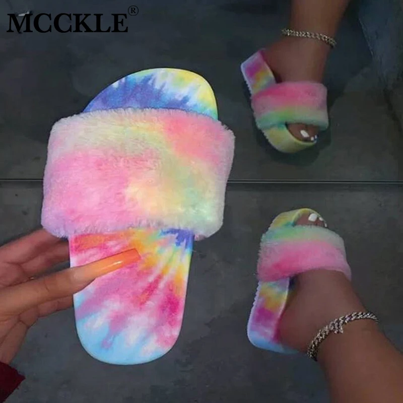 

Осенние женские домашние тапочки MCCKLE, Дамская обувь на толстой плоской подошве из искусственного меха, женские уличные тапочки на плоской п...