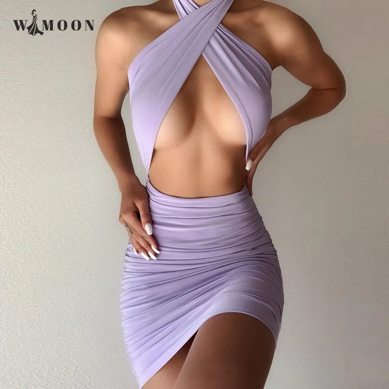 

Halter Backless Bodycon Mini Dress Women 2021 Summer Hollow Out Sleeveless Party Evening Bandage Tight Sexy Club Outfits Dresses