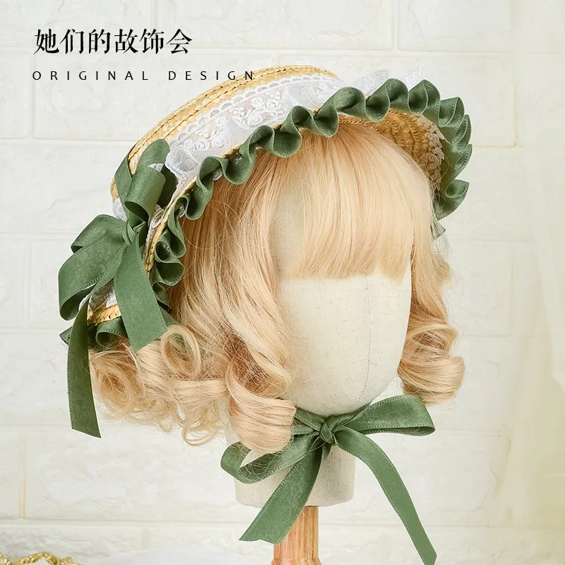 

Pastoral Style Lolita Girl Straw Hat Lace Bowknot Flat hat Fairy French Vintage All-match Gentle Elegant Bonnet Handmade Spring