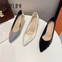 niufuni pointed wedding high heels stiletto 2021 work shoes commute satin mid heels pumps slip on females silk fluorescent cloth
