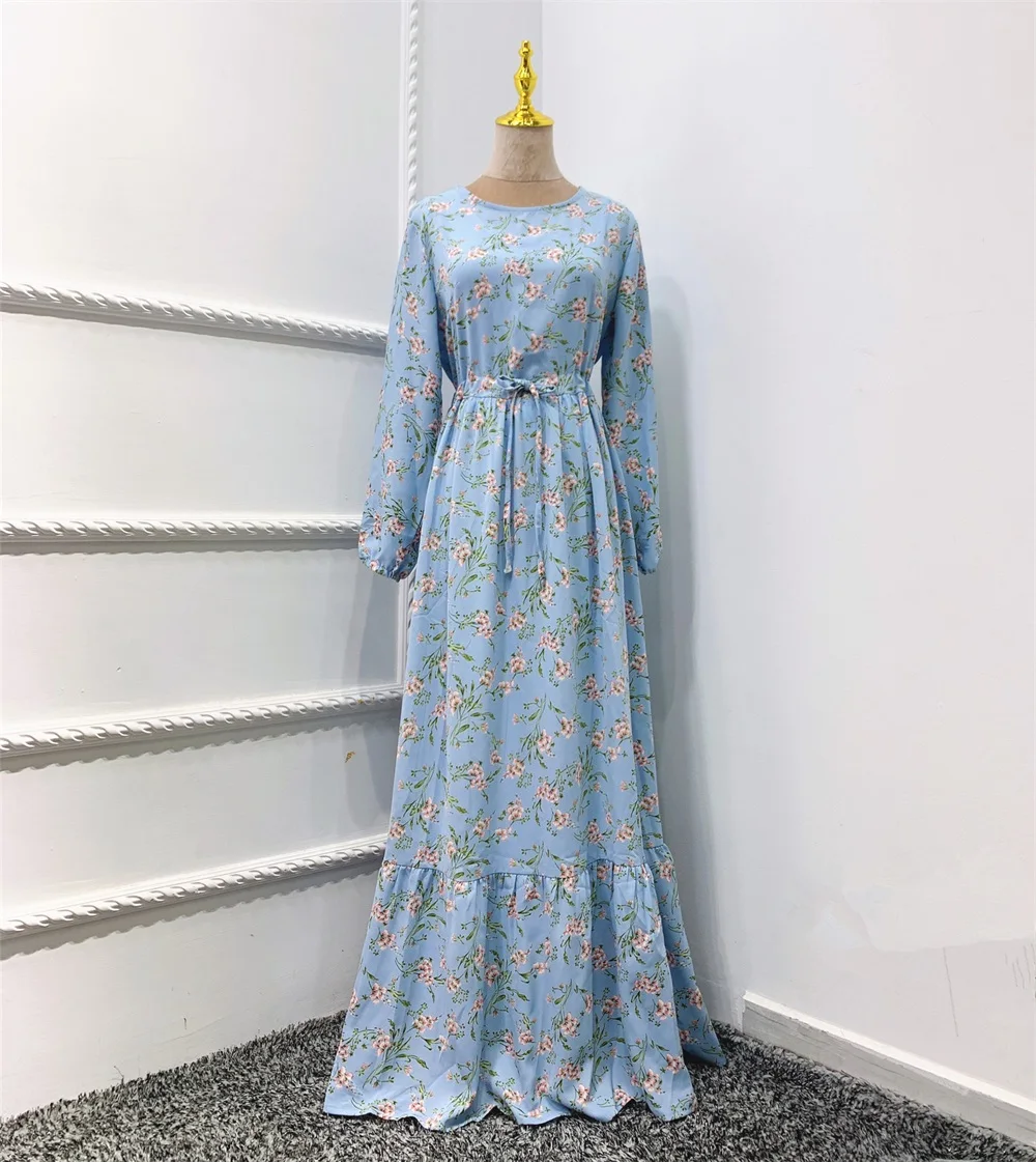 

Summer Chiffon Floral Hijab Dress For Women Ramadan Eid 2021 Turkey Arabic Oman Dubai Muslim Islamic Clothing Sky Blue