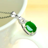 popular 925 silver oval green jade pendant necklace chalcedony agate charm jewelry accessories fashion amulet for women gifts