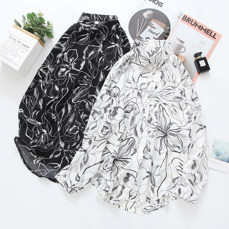 

Chic Flower Print Lapel Button Up Shirt For Women Harajuku Loose Long Sleeve Korean Blouse Tops Female Blusas 2021 Spring Autumn