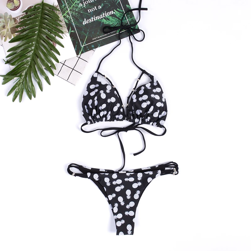 

Женский купальник, новинка, бикини с принтом ананаса, треугольные бусы, Раздельный купальник, комплект из трех предметов, женский купальный ...