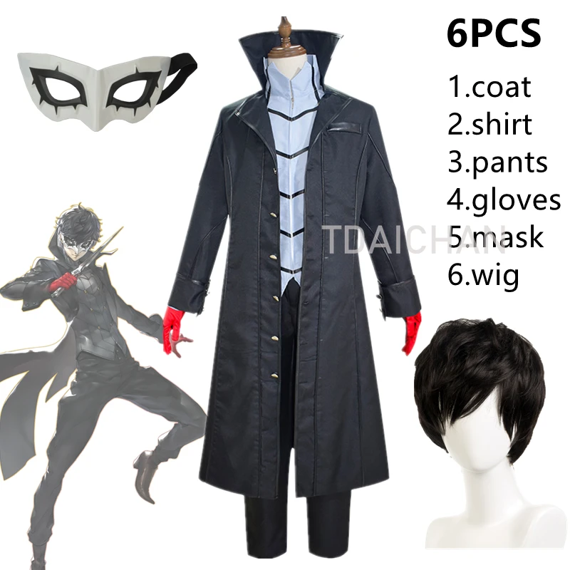 

Game Persona 5 Ren Amamiya Akira Kurusu Joker Cosplay Costume Anime Halloween Full Set Uniform for Party Custom Made Wig Mask