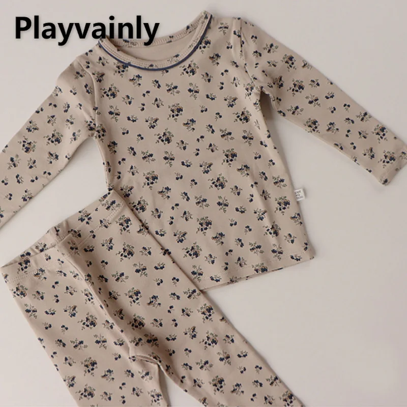 

Осенняя пижама в Корейском стиле для девочек, комплекты из 2 предметов, топ с длинными рукавами и цветочным принтом и штаны, одежда для сна с ...