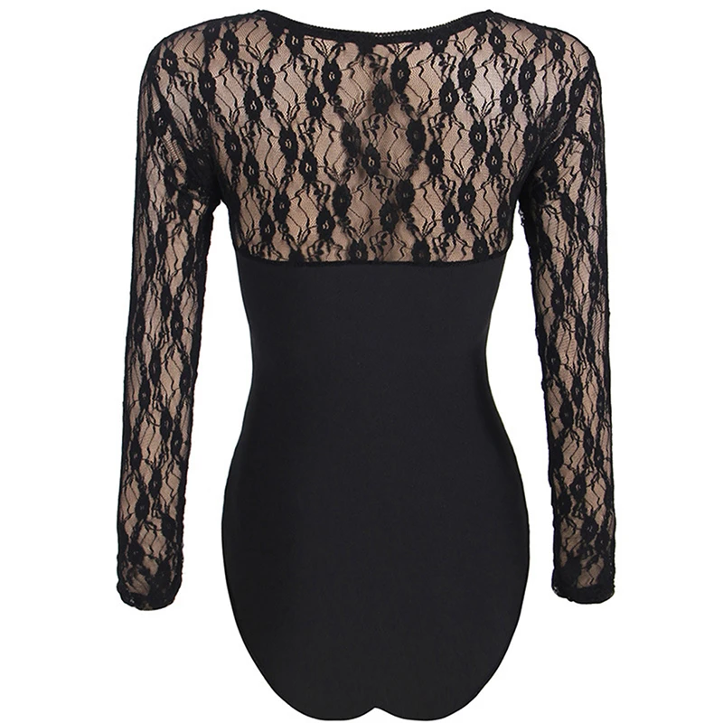 Women Bodysuits Solid Long Sleeve Lace Stitching  One Piece Bodysuit  Sheer Mesh Leotard O Neck  Bodi Femme Dantelle