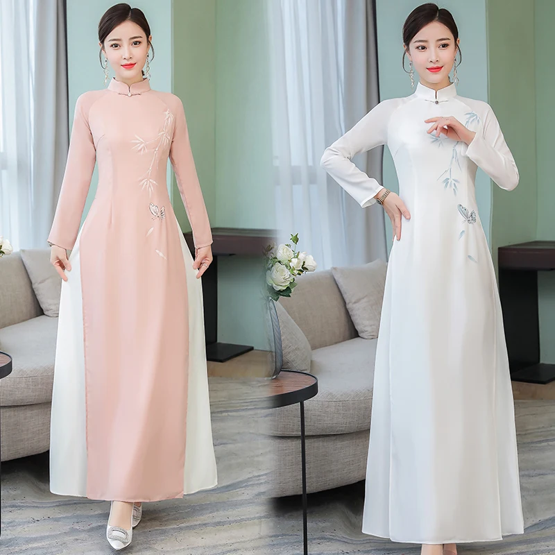 Вьетнамский Ао Дай платья Cheongsam народный стиль шифон Aodai Dulce стоячий воротник