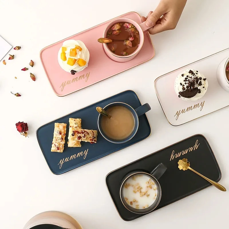 

European style Breakfast cups and rectangle tray, Household milk coffee cups and saucer Dessert Cake trays, afternoon Tea set