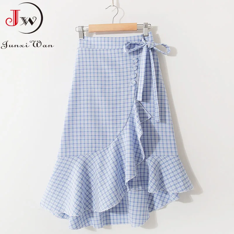 

Женская летняя клетчатая юбка в Корейском стиле 2022 весенние повседневные элегантные офисные Юбки-миди с высокой талией и оборками Mujer