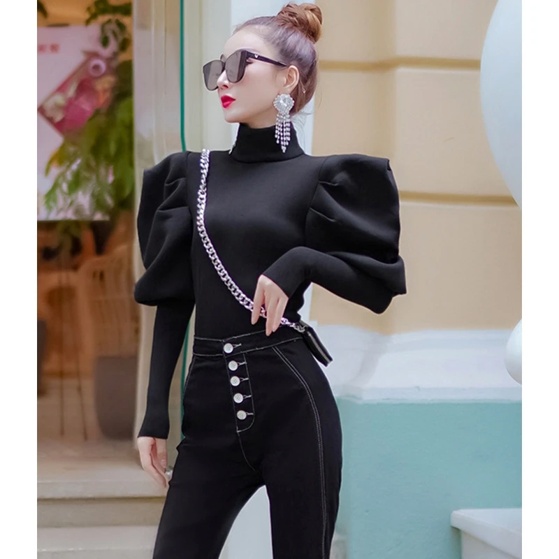 

Vintage Women French Style Retro Puff Long Sleeve Blusas Slim Fit Blouse Autumn Spring New Solid Shirt