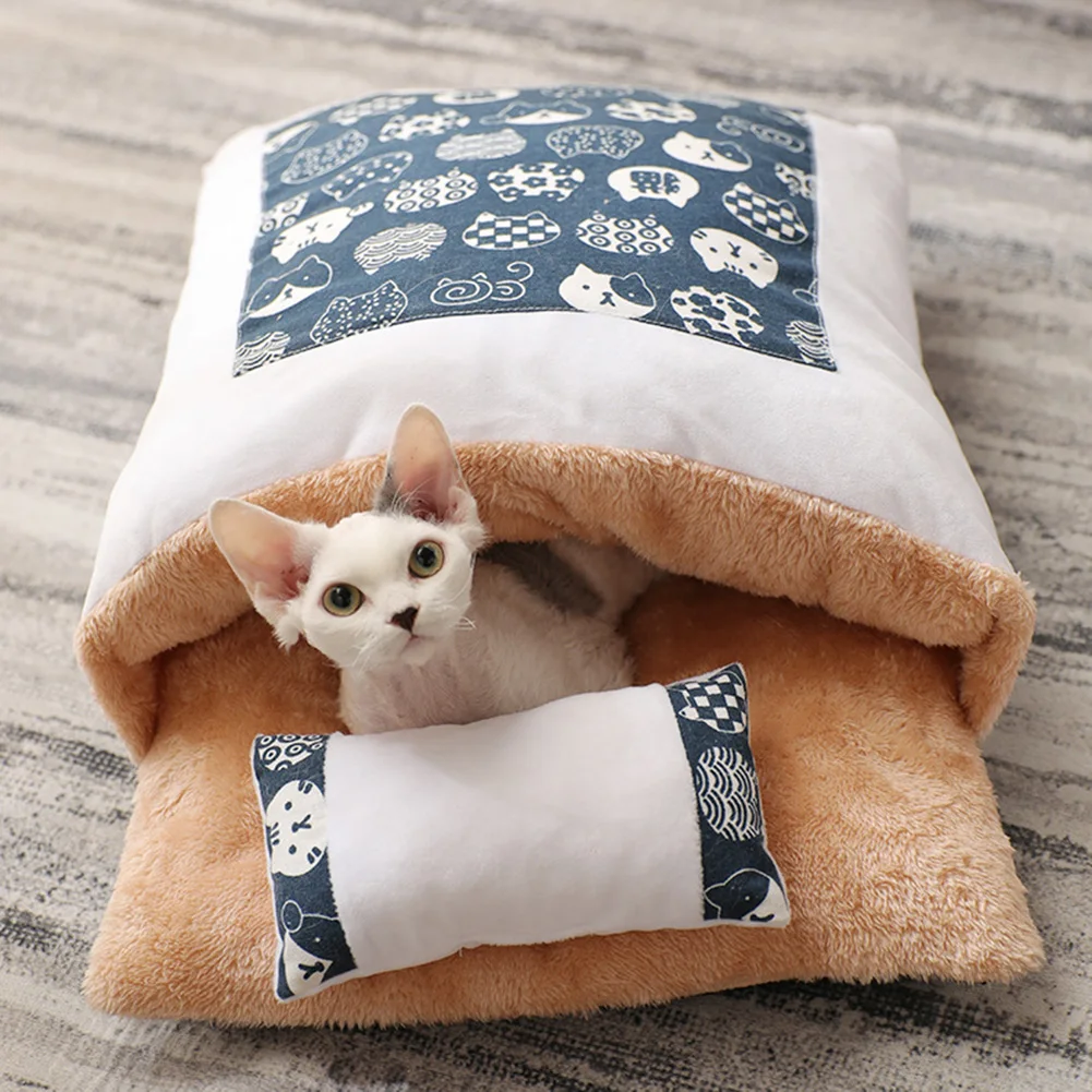 

Japanese Pet Dog Cave Bed Removable Fleece Warm Cat Sleeping Bag Closed Mats Cushion House Detachable Sleeping Supplies