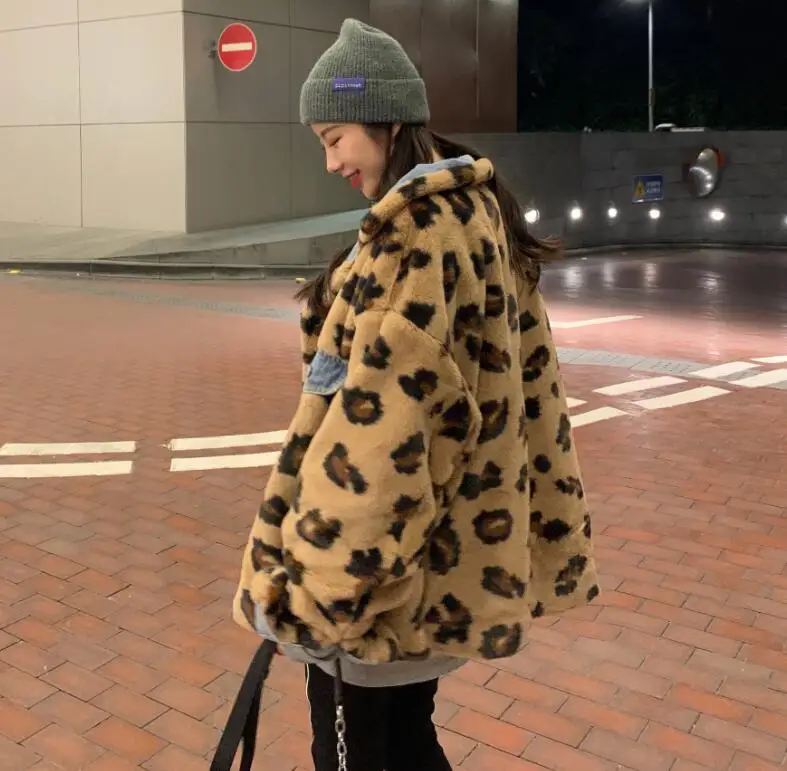 

NEW Winter Double-sided Wear Leopard Print Imitation Rabbit Fur Plus Velvet Denim Jacket Women Thick Jean Coat Jackets