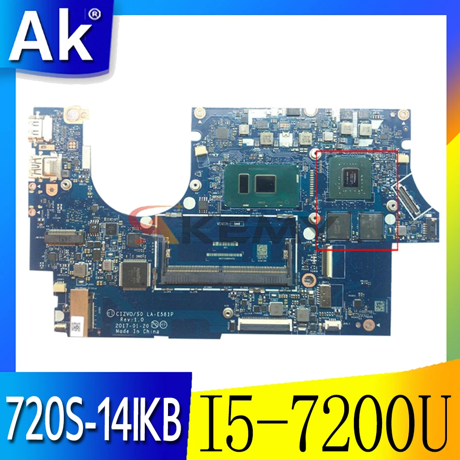 

Akemy LA-E581P материнская плата для ноутбука Lenovo Ideapad 720S-14IKB ноутбук материнская плата Процессор I5 7200U DDR4 GTX940M GPU 2G 100% тест
