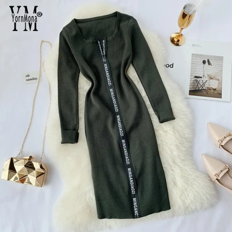 Зеленый YornMona Women Designer Casual Dress Letter Zipper O-neck Knitted Bodycon Dress Winter Elegant Ladies Office Dress Vestidos - Цвет: Зеленый