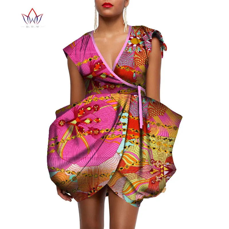 

BintaRealWax Summer Dashiki African Dresses for Women Mini Puff African Print Dresses Plus Size Dress Strapless Ball Gown WY7903