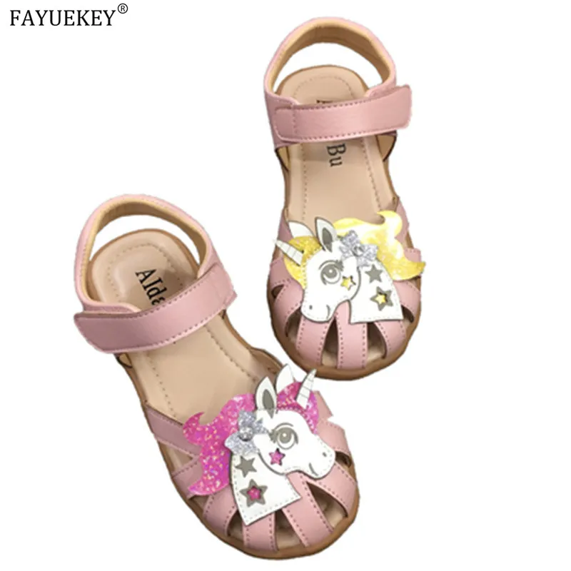Сандалии для девочек с радужным единорогом мягкая кожа летняя обувь принцессы