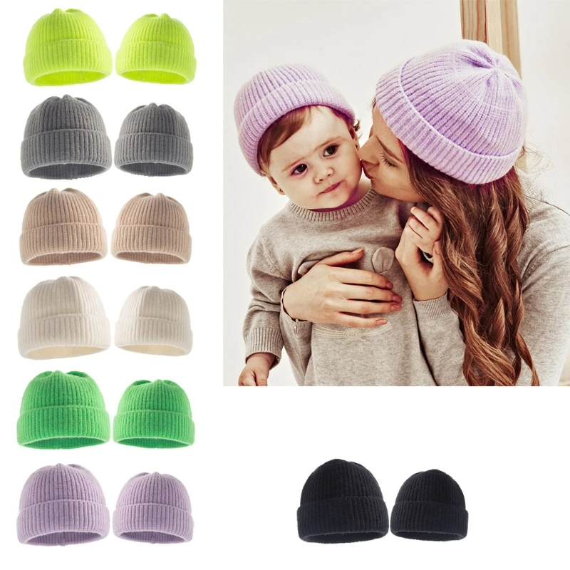 

2022 New Pure Colors Woolen Winter Parent-child Hats A Set of Woll Knitted Hats