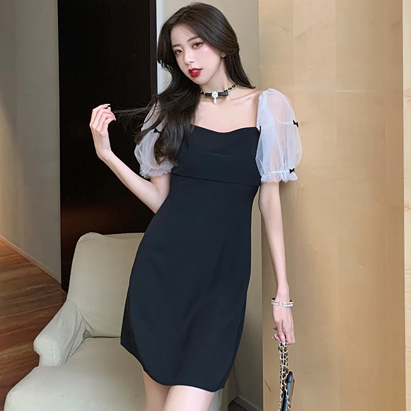

Make spot ~ ~ summer new hubble-bubble sleeve bow net yarn splicing temperament little black dress