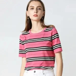

Summer ice silk T-shirt women's short sleeve 2020 new striped knitting base shirt versatile loose and thin top