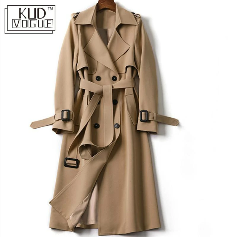 Классический женский длинный Тренч модный Двубортный повседневный с поясом