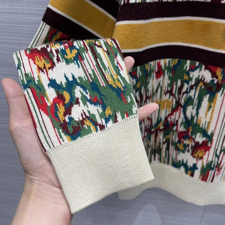 

2021 Early Autumn Fashion Color Matching Jacquard Letter Raglan Round Neck High Waist Long Sleeve Pullover Knitted Sweater Women