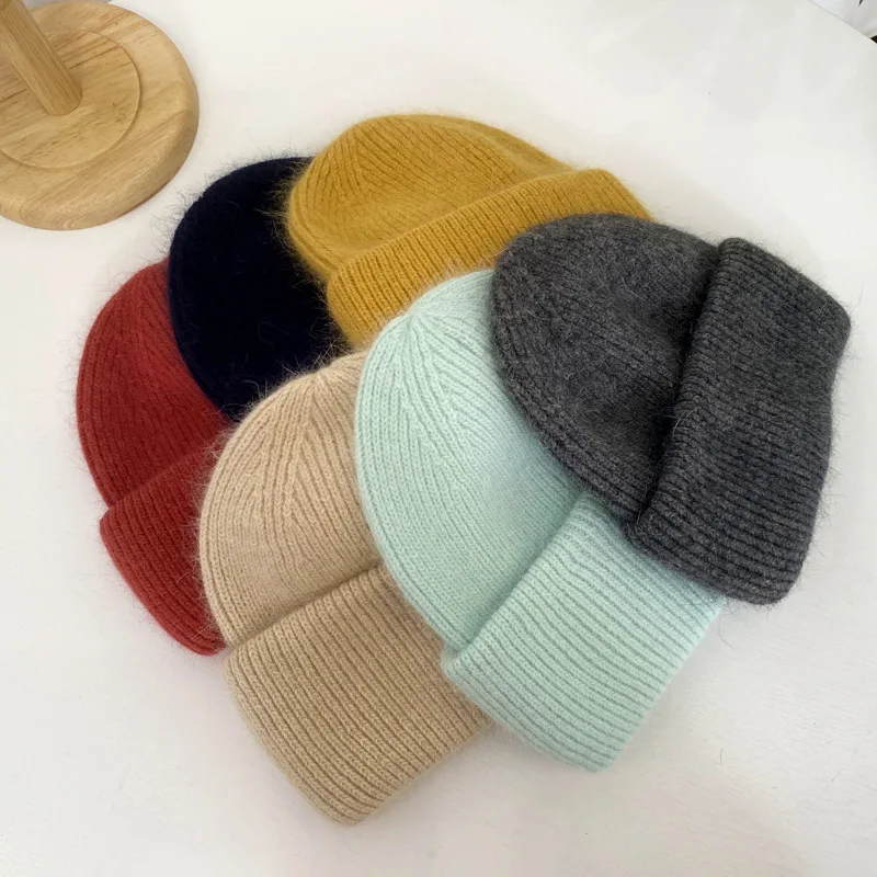 

Casual Women's Hat Rabbit Fur Blended Knitted Hat Autumn and Winter Thickened Beanie Hat Girl Skull Hat Gorras Hombre