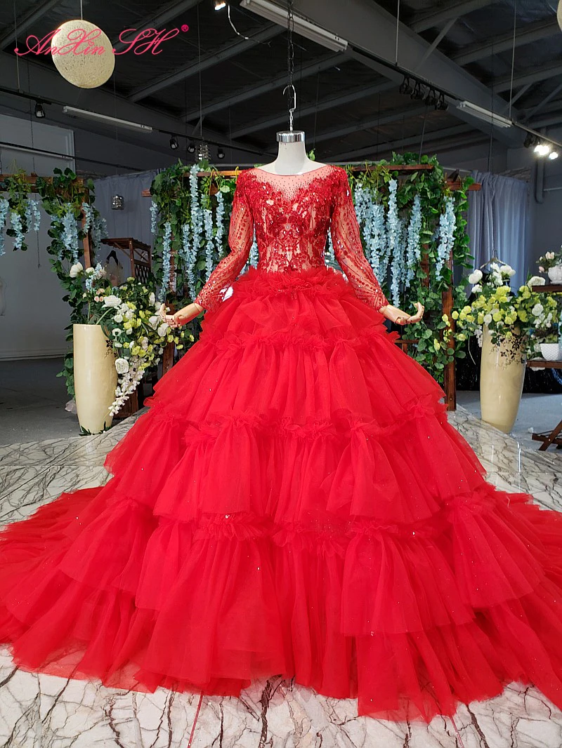 

AnXin SH Luxury princess red lace o neck beading flower crystal illusion long sleeve bride ruffles wedding dress 100% real photo