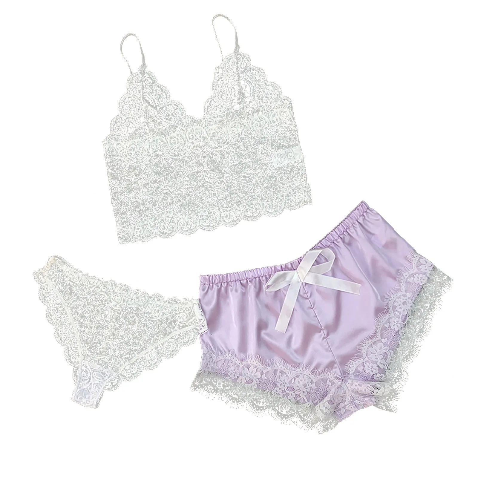 

Lace Lingerie Sexy Seductive Top Ladies Sexy Cute Underwear Three-Piece Hollow Lace Sling Pajamas Set нижнее белье женское