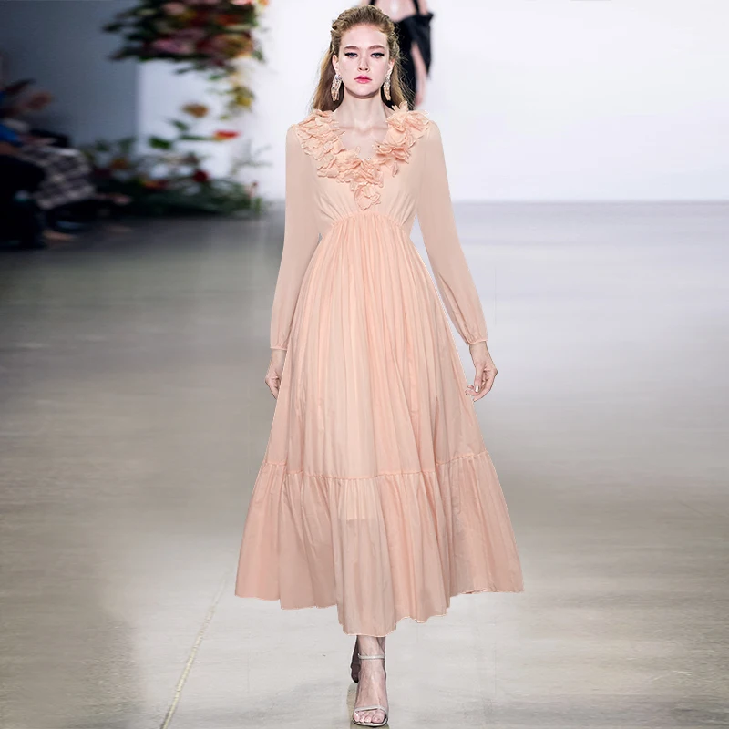 

V-neck Three-dimensional Lantern Long-sleeved Flower Autumn 2021 Party Evening Dresses Women