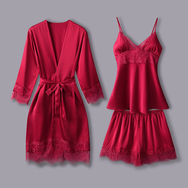 Новый женский пижамный комплект шелковая пижама из трех предметов на тонких