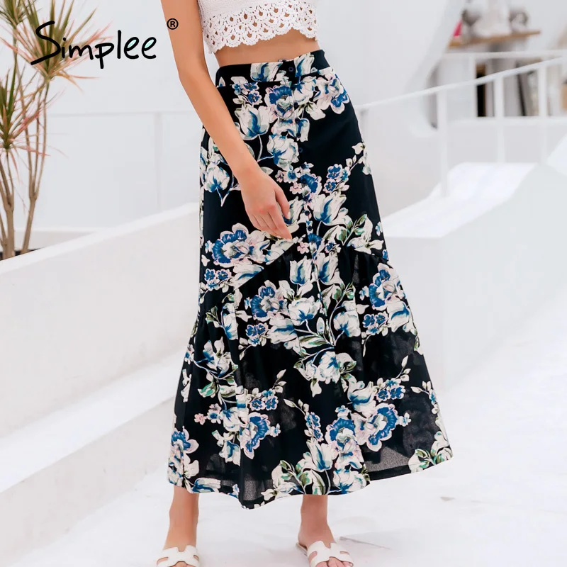 Женская юбка с высокой талией и цветочным принтом Длинные пуговицы для юбки