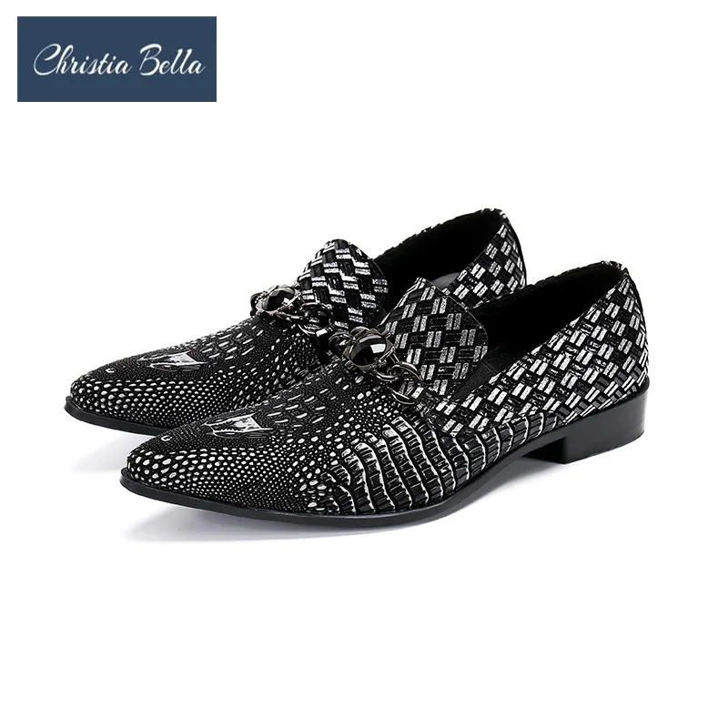 

Christia Bella British checkered Men Genuine Leather Shoes Slip on Fashion Chain Pointed Toe Men Dress Shoes Office Loafer Shoes