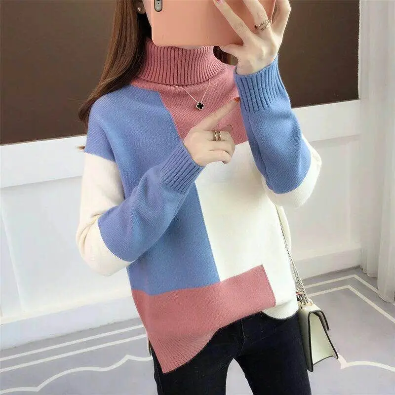 

Women's High Neck Pullover Sweater Autumn Winter New Fashion Korean Loose Thicken Color Matching Knitwear Soft All-Match Sweater