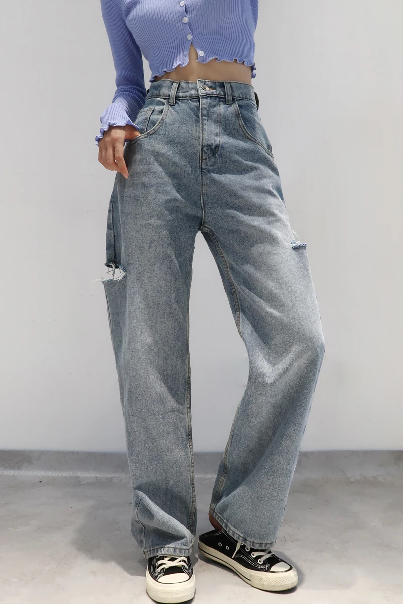 

TVVOVVIN plus size Denim Blue High Waist Slimming Long-ripped Jeans Washed Old Curling Double-sided Ripped Pants For Women KAX8