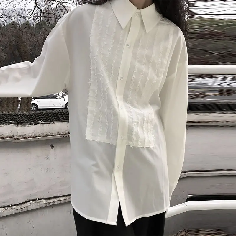 

XITAO Solid Color Tassel Splicing Shirt Women Casual Loose Top Simplicity Temperament 2021 Spring Autumn Trendy All-match ZY5868