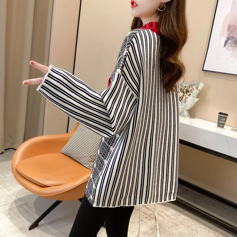 

SONDR 2021 Spring Women Gentle Casual Turn Down Collar Loose Asymmetrical Plaid Striped Long Sleeve Pullover Knit Sweater 8Q863
