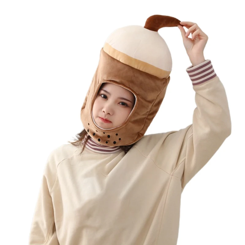 

Cartoon Milk Tea Shaped Plush Hat Funny Beverages Drinks Stuffed Toys Headgear Warm Earflap Cap Performance Photo Props