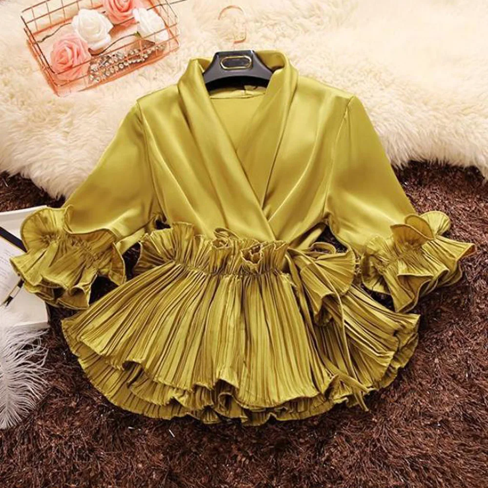 

Casual Silk-Satin Ruffle Blouse Shirt 2021 Spring Summer Long Sleeve Women Shirts Elegant Office Lady V-Neck Pleated Tops Blusa