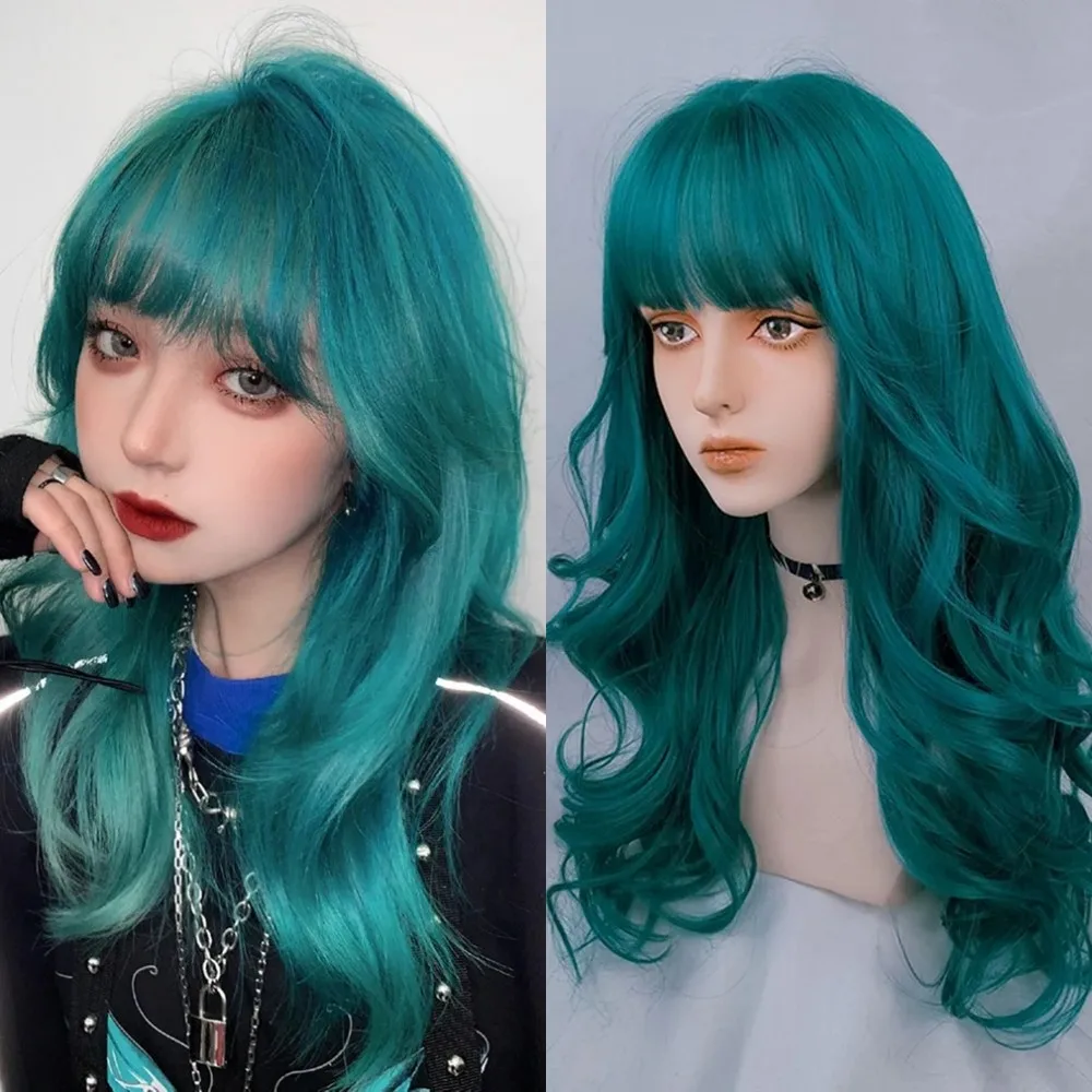 

Fantasy Beauty Party Realistic Synthetic Peacock Blue Wavy Hair Lace Front Wigs with Fringe Super Wave Cheap Cosplay Wigs