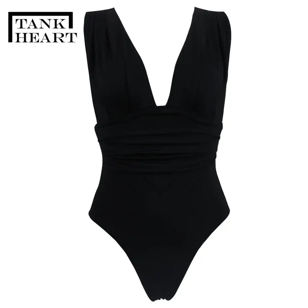 Черный слитный купальник Цельный для женщин размера плюс с глубоким v образным