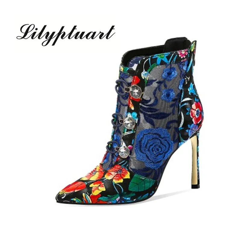 

National style retro embroidered shoes pointed toe high-heeled mesh hollow boots summer breathable stiletto boots women