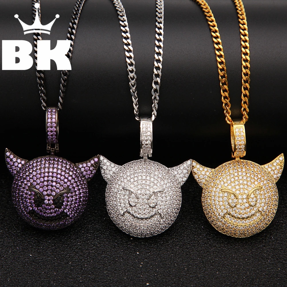 

THE BLING KING Custom Demon Evil Expression Necklace Hip Hop Full Iced Out Cubic Zirconia gold sliver CZ Stone