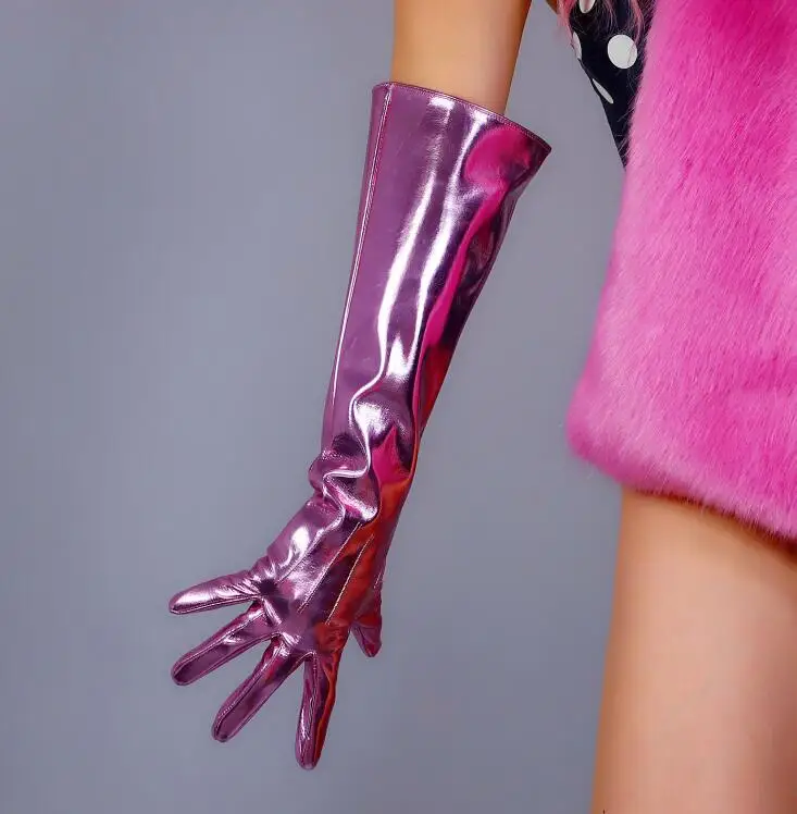 

Women's runway fashion shiny pink patent leather glove lady's club performance formal party leather long wide glove 50cm R3030