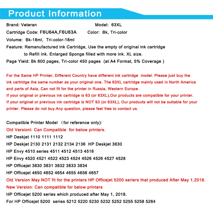Картридж Veteran 63XL совместимый с hp 63 XL чернильный картридж hp63 для Deskjet 1110 2130 2131 2132 3630