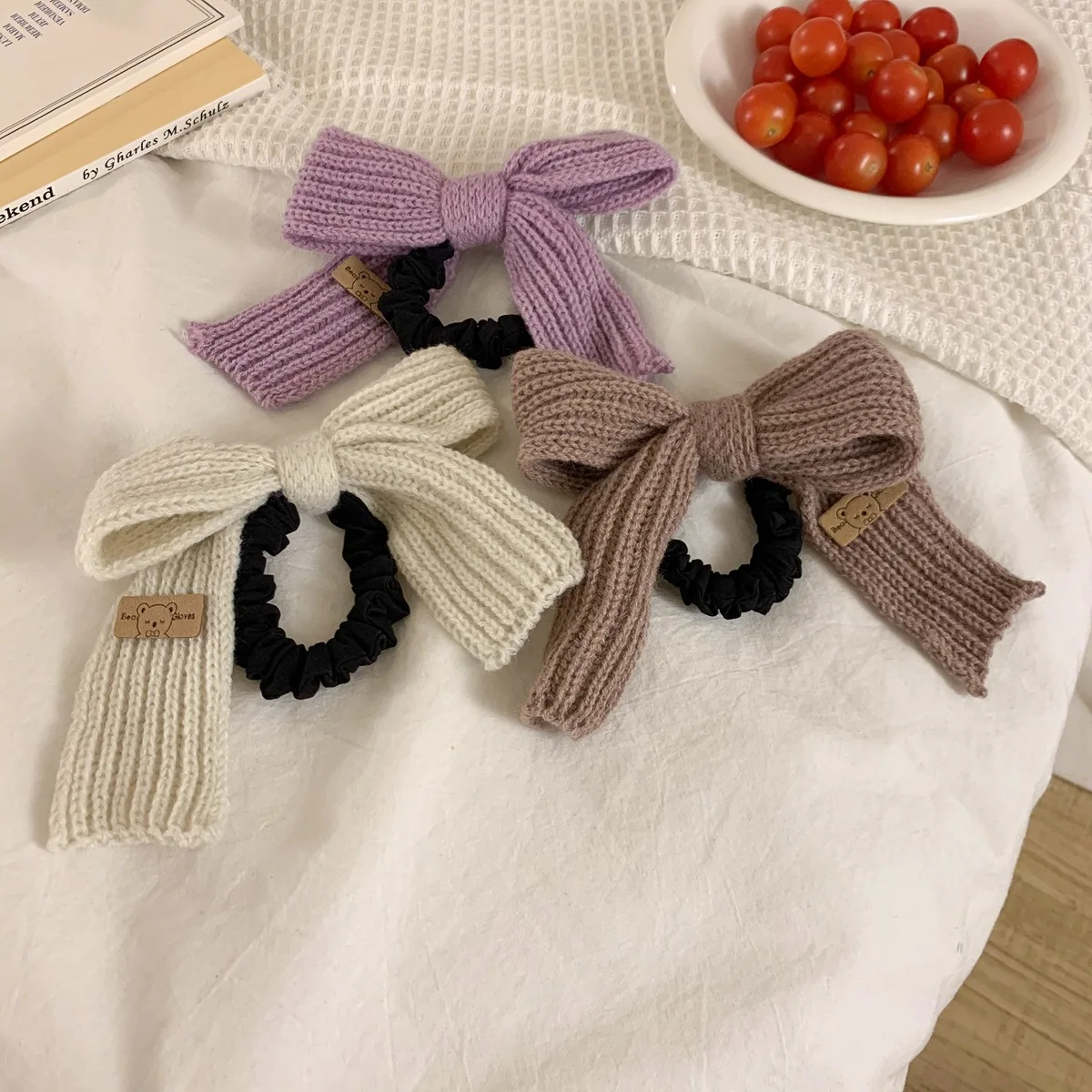 

2021 Winter Bow Knot Hair Rope 3 Colors Plush Women Girls Headwear Woolen Knitted Sweet Rubber Band Headwear Hair Accessories