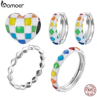 bamoer 925 sterling silver rainbow chequered heart charm fit bracelet chequered ring size 6 7 8 ear buckles fine jewelry set