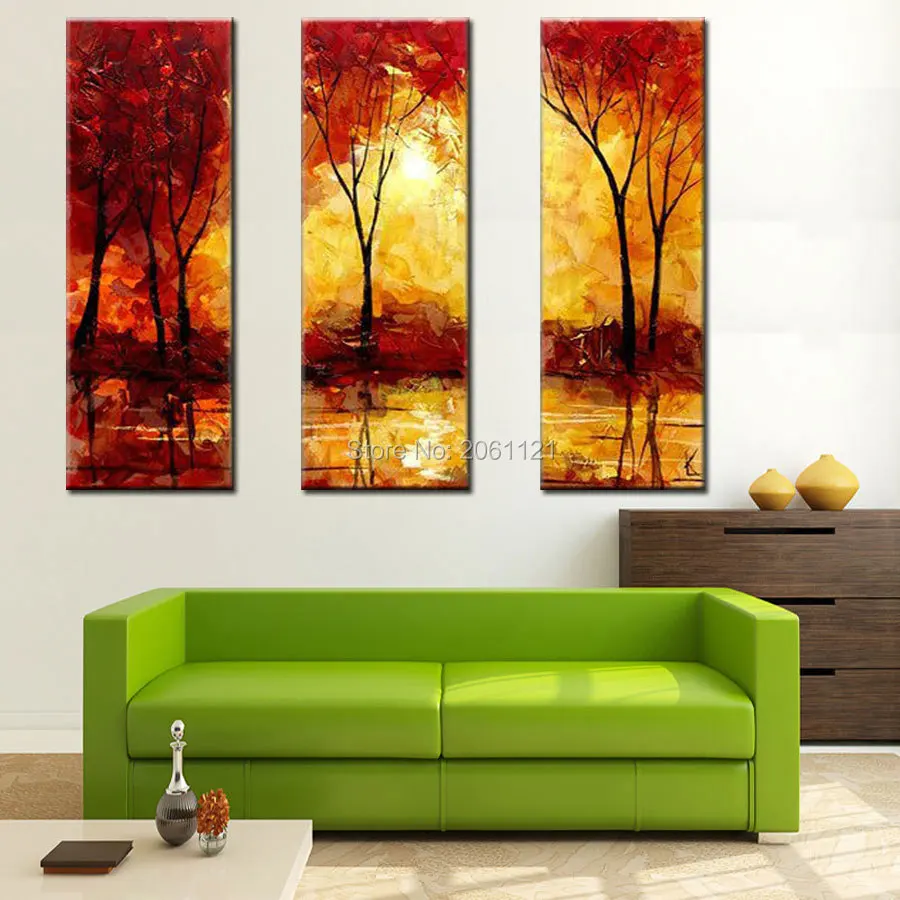 

High Quality Abstract Tree Painting 3 Piece Red Yellow Canvas Painting Art Sets Vertical handmade Wall Pictures Decoration