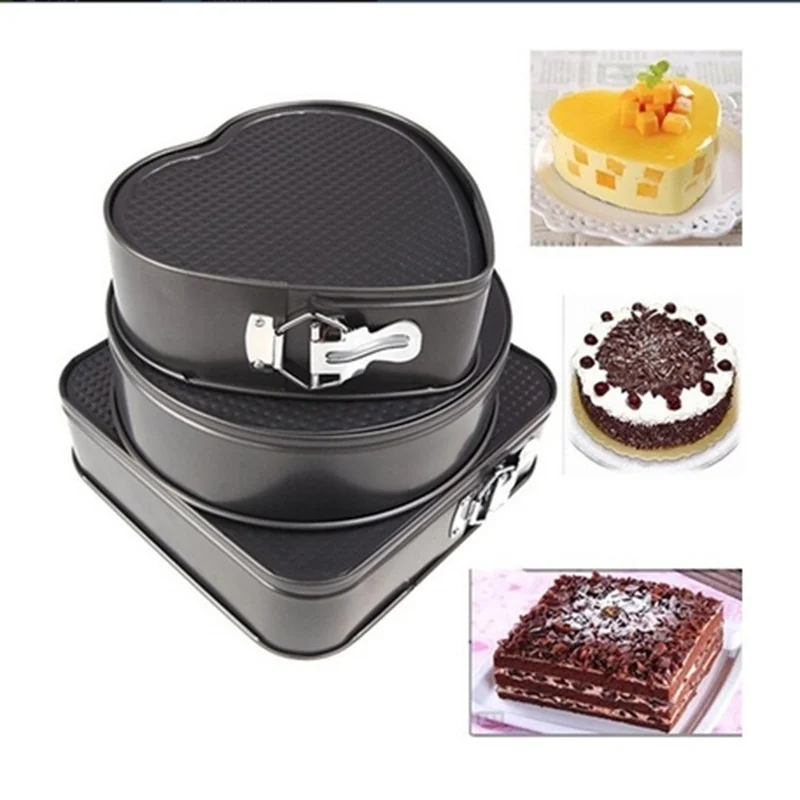 

3 Set Non-Stick Springform Cake Pan Bakeware Mould Baking Dish Removable Bottom Round Heart Square Shape Kitchen Accessories